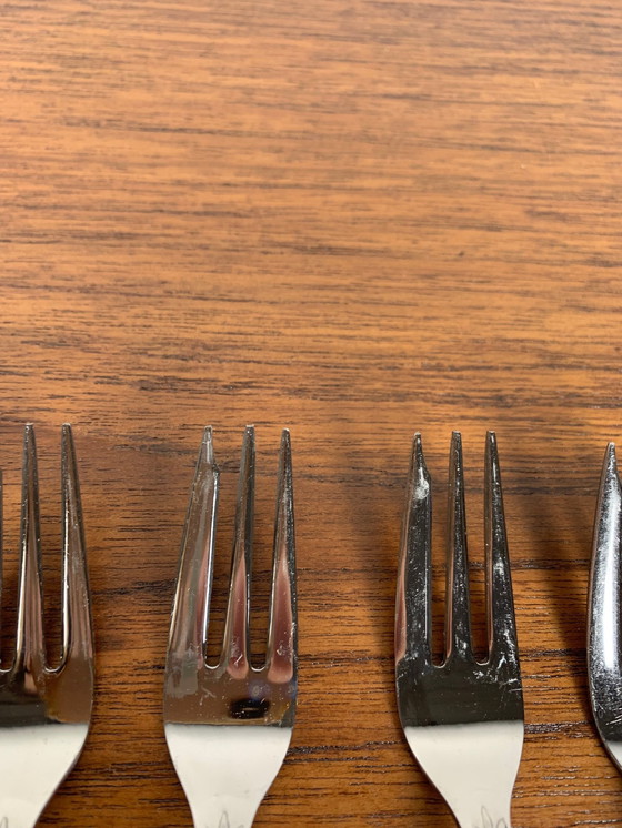 Image 1 of Set of 10+1 Japanese Stainless Steel Dessert Forks, Rose Pattern, 1970