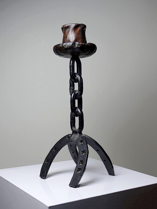 Vintage Brutalist Wrought Iron Candleholder Horseshoes Chain and Wood