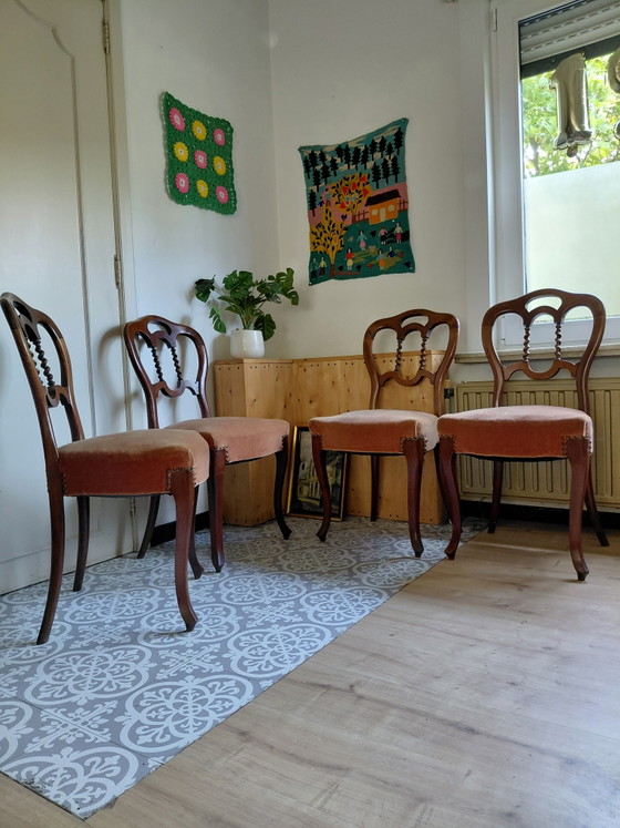 Juego de 4 sillas de comedor antiguas estilo Biedermeier - Buen estado – Velvet, Wood (photo 12 of 13)