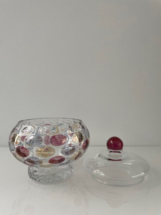 Image 1 of Decorative glass jar with colorful polka dots design