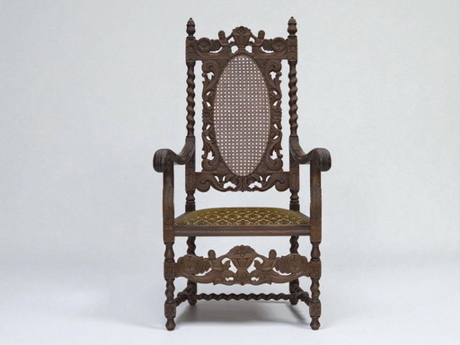 Jaren 30, Deense fauteuil met hoge rugleuning, meubelstof, velours, handgesneden eikenhout.