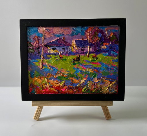 Original Oil Painting Rural Sunset Landscape Purple Evening In The Village – schilderijen tekeningen, Canvas