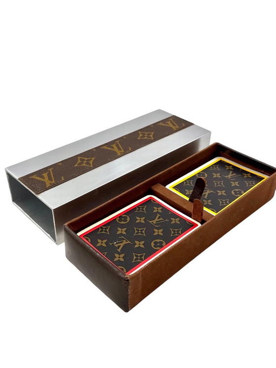 Boîte de jeux de cartes Louis Vuitton, France ca. 1970, Objets déco, Métal, Cuir, Argenté, Modern (photo 8 sur 12)