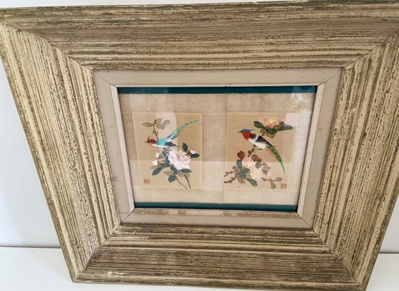 Image 1 of Chinesische Seidenmalerei, 1930, Volkskunst, Orientalische Bienenfresser, Signiert