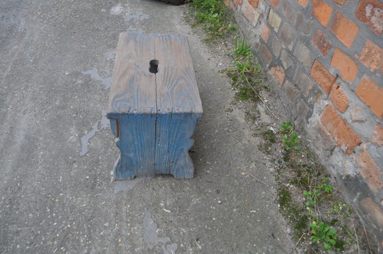 Blue Painted Rustic Stool, 1940s (photo 4 of 4)