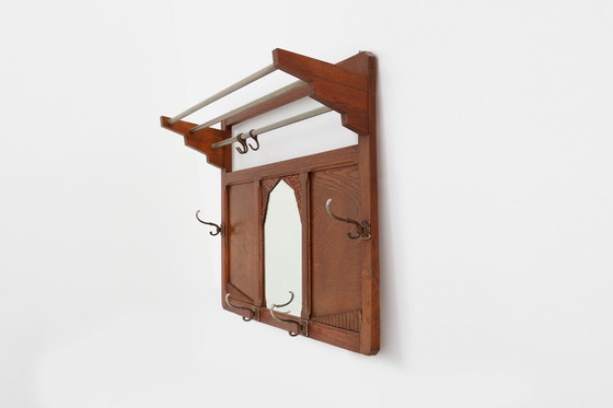 Image 1 of Art Deco Eiche geschnitzt Wandgarderobe mit Spiegel, Frankreich 1920er Jahre