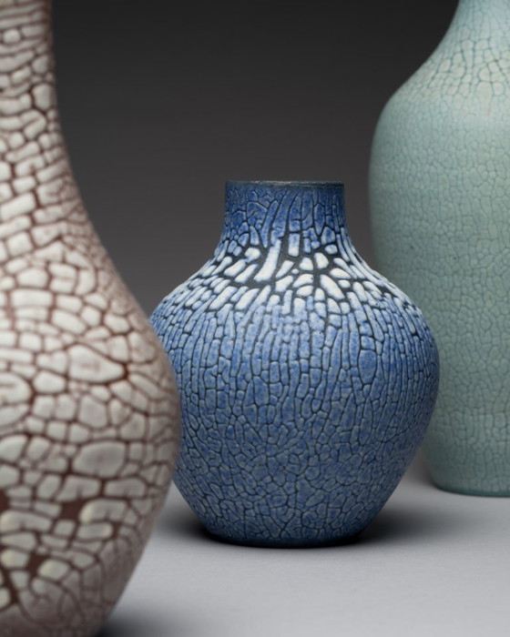 Image 1 of ALBERT KIESSLING "SNAKESKIN" Vase TRIO East German Pottery REDUKTIONSGLASUR GDR