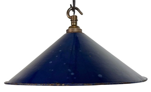 Lampada a sospensione industriale in smalto blu scuro, stile industriale britannico, anni '50