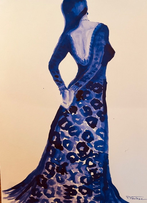 Monochrome indigo blue watercolor portrait of a woman "in a dress"