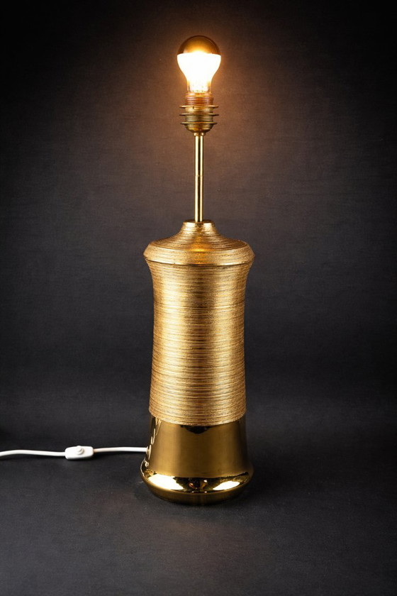 Image 1 of Vintage Italiaanse keramieken tafellamp – Bitossi voor Bergboms– goudkleurig – Made in Italy (jaren 60/70)