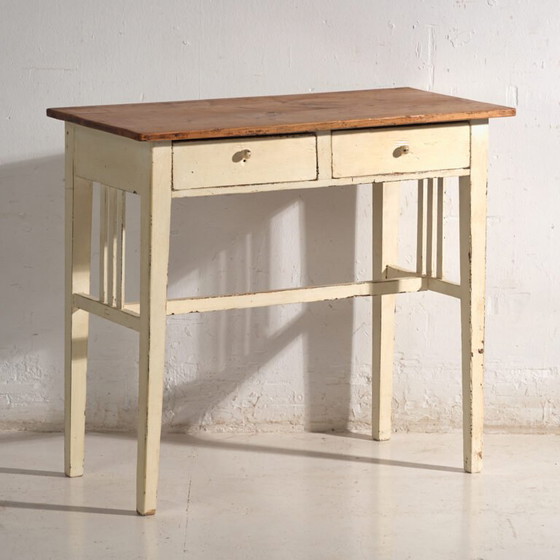 Antieke tafel met twee laden van grenenhout – Centraal-Europa, circa 1910 – Bijzettafels, Porcelain, Rustic (photo 7 of 40)