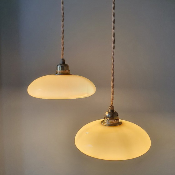 Image 1 of Vintage French pendant lamp set - of pastel yellow opaline glass.