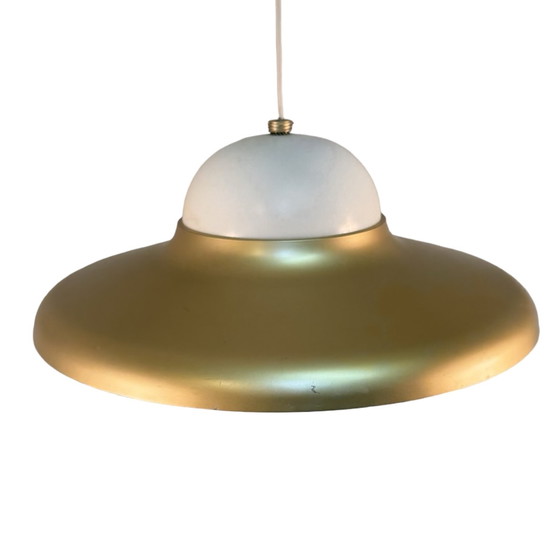 Image 1 of Ca. 1970’s - Scandinavian - Pedant lamp / ceiling mounted - Gold colored metal brim and plastic insert