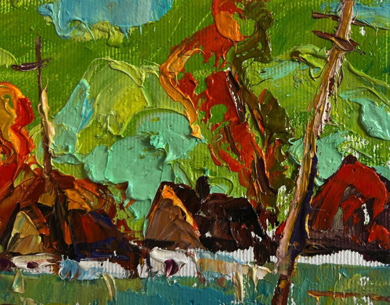 Image 1 of Original Oil Painting Autumn Village Landscape Autumn day in the village