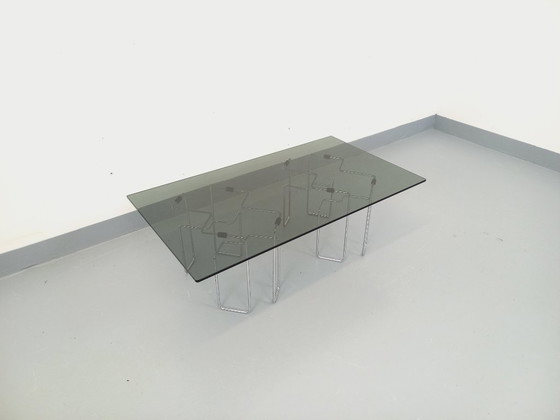 Image 1 of Vintage Space Age rectangular coffee table in smoked glass and chrome metal from the 1970s