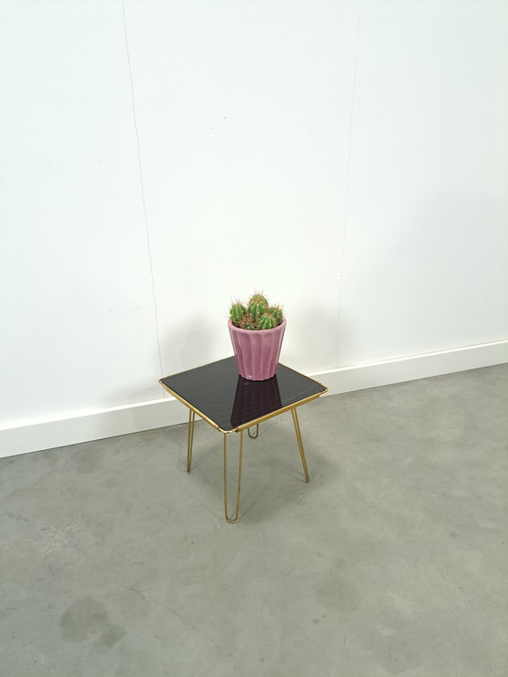 Image 1 of Side Table With Brass and Black Glass Top, Plant Table No. 23