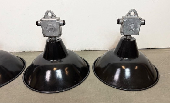 Image 1 of Set of 4 Industrial Black Enamel Pendant Lamps from Elektrosvit, 1960s