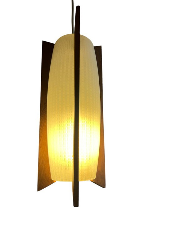 Image 1 of Lámpara colgante de teca y cristal, años 50