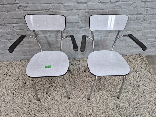 Vintage Brabantia Kitchen Chairs with Bakelite Armrests, White Formica with Subtle Grey Linear Texture, The Netherlands, 1960s.