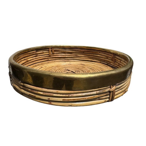 Round rattan and brass tray or vide-poche in Gabriella Crespi style
