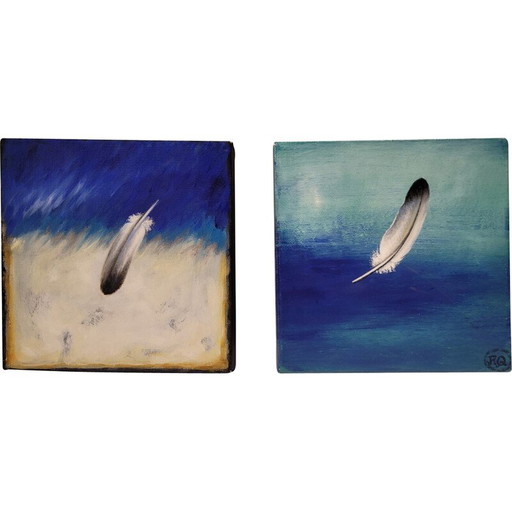 Pair of vintage "Plumas" paintings by Rodríguez Quesada