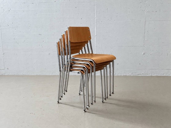 5 Stackable Chrome Steel Chairs, 1990s – Side chairs, Wood (photo 11 of 12)