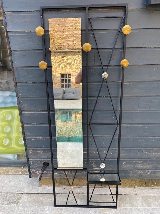 Checkroom wall coat rack entrance mirror 182x64cm 1950s vintage