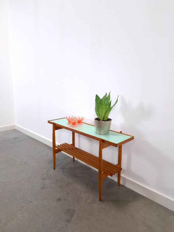 Table d'appoint vintage en bois avec plateau en Formica vert menthe – Tables d'appoint, Wood, Plastic (photo 6 of 13)