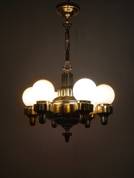 Image 1 of Lustre Art Déco tchèque en laiton à double position de bras, années 1930