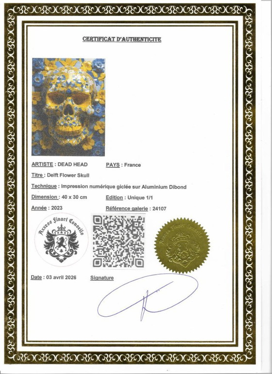 Image 1 of DEAD HEAD - Teschio con fiori di Delft - Stampa su alluminio