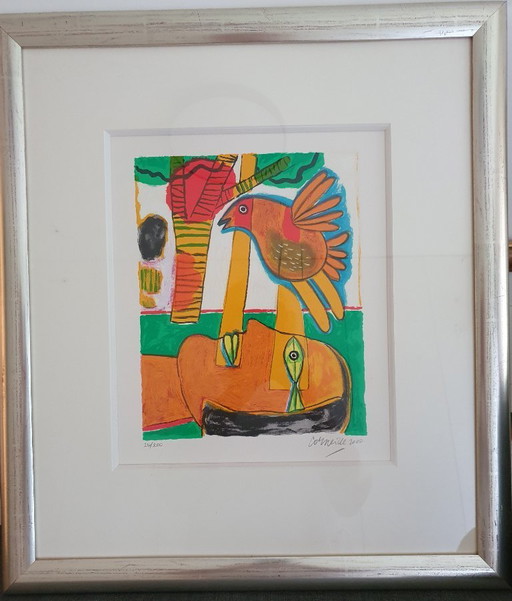 Sérigraphie Corneille Tête Pensive, Soleil Rouge