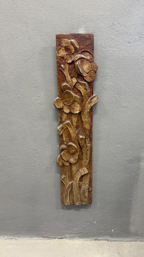 Image 1 of Vintage Floral Relief Wall Sculpture Carved Wood Panel 1970s Europe