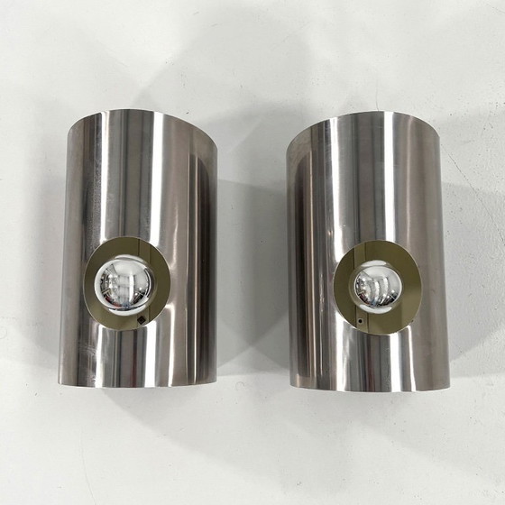 Image 1 of Paire d'appliques murales cylindriques chromées, années 1970