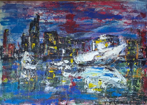 Bateau blanc dans le port, abstrait