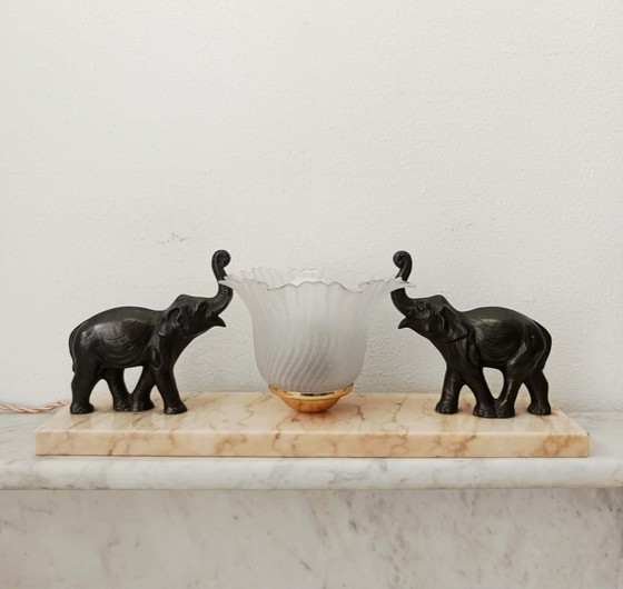 Art Deco nachtlampje met bronzen en marmeren olifanten – Tafellampen (photo 6 of 8)
