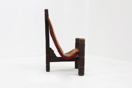 Image 1 of Vintage Brutalist tripod chair leather and wood