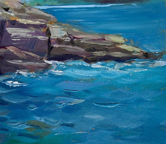 Image 1 of Peinture à l'huile originale, paysage rocheux d'été, journée nuageuse en mer