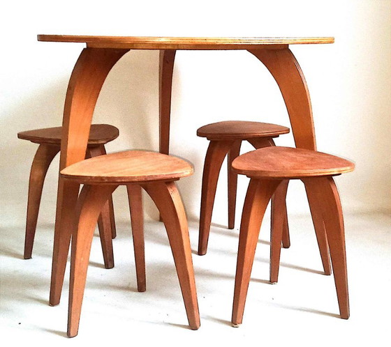 Set tavolo e quattro sgabelli Anni '50, Set da pranzo, Legno, Marrone, Mid Century Modern (foto 2 di 8)