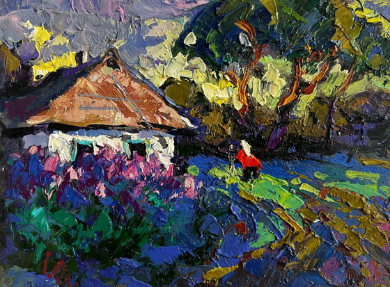 Image 1 of Original Oil Painting Summer Village Landscape In the evening I watch the lilacs