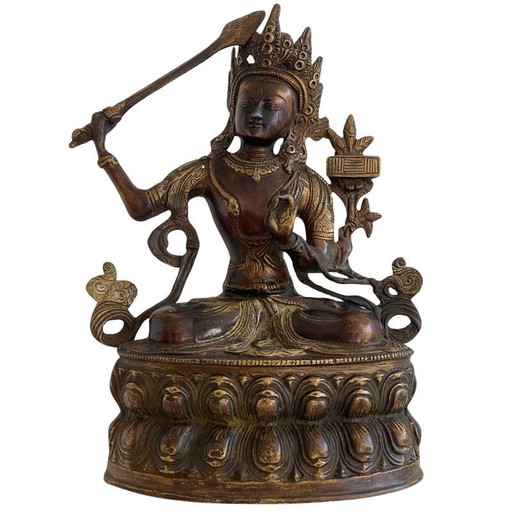 Antigua estatua tibetana de bronce de Manjushri con rastros de dorado lote 170