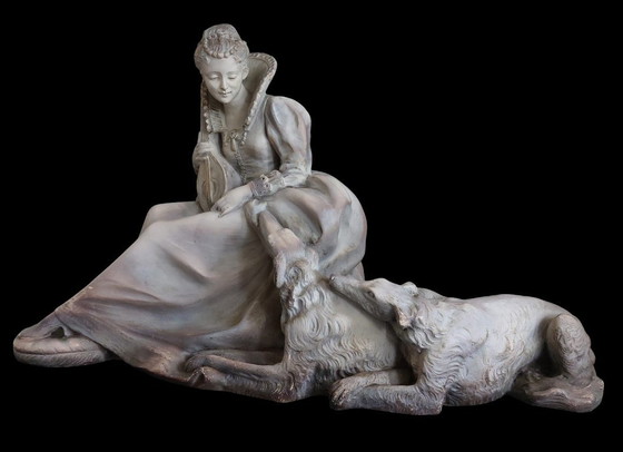 Image 1 of Art Deco sculpture of a seated lady with dogs