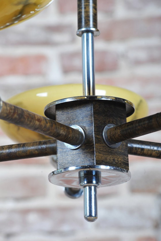 Gerestaureerde art-deco kroonluchter, chroom, beukenhout, walnoothout, glas, Tsjechisch, jaren 1920 – Metal (photo 3 of 12)