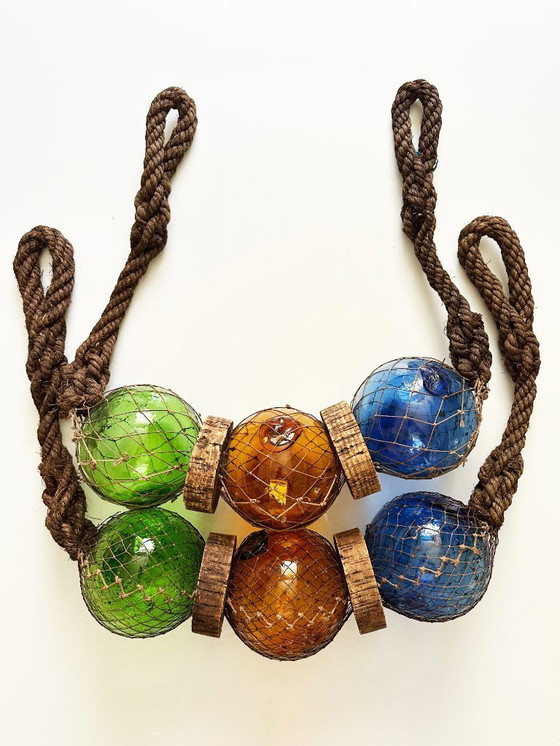 Image 1 of Visdobber gemaakt van geblazen glas, kurk en touw. Frankrijk, jaren 60.