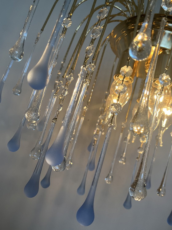 Image 1 of Vintage Blauwe Teardrop Kroonluchter Hanglamp Goud Frame