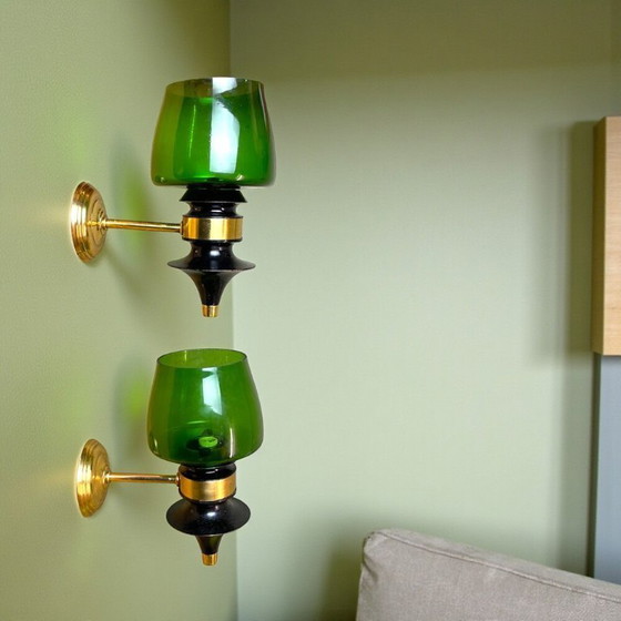 Image 1 of Pair Rustic style green glass wall sconce lamps, 1990s