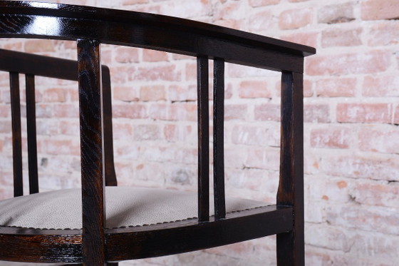 Restored Art Deco Armchair, Oak, Repolished, Reupholstred, Czech, 1920s – Textile, Wood (photo 8 of 15)