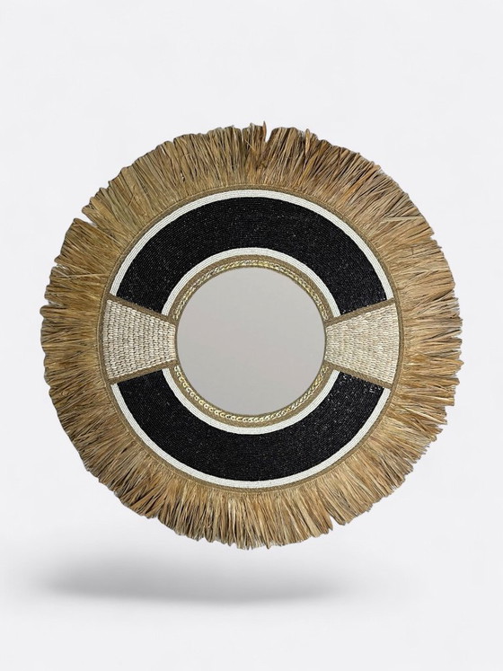 Image 1 of Large mirror made of pearls, shells and raffia