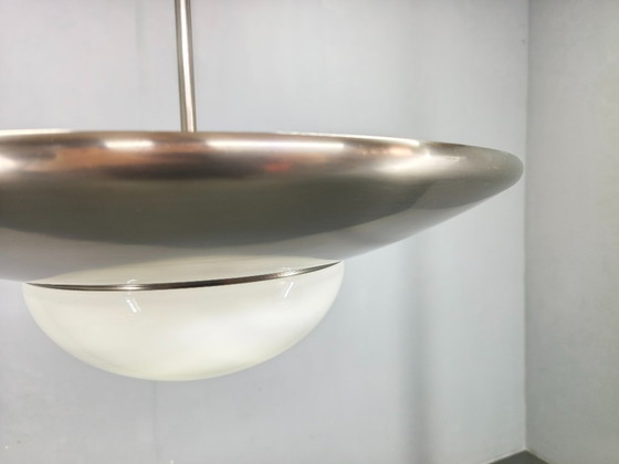 Image 1 of Bauhaus Pendant Light in Nickel and Glass, 1930s Czechoslovakia