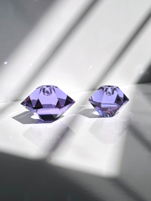 Alexandrite glass prism candle holder diamond crystal 80s art deco revival Italy neodymium glass candle holder pair
