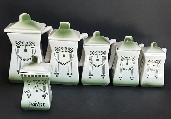 Image 1 of Vintage Chauvigny Faience Condiment Set – 6 Pieces – French Ceramic